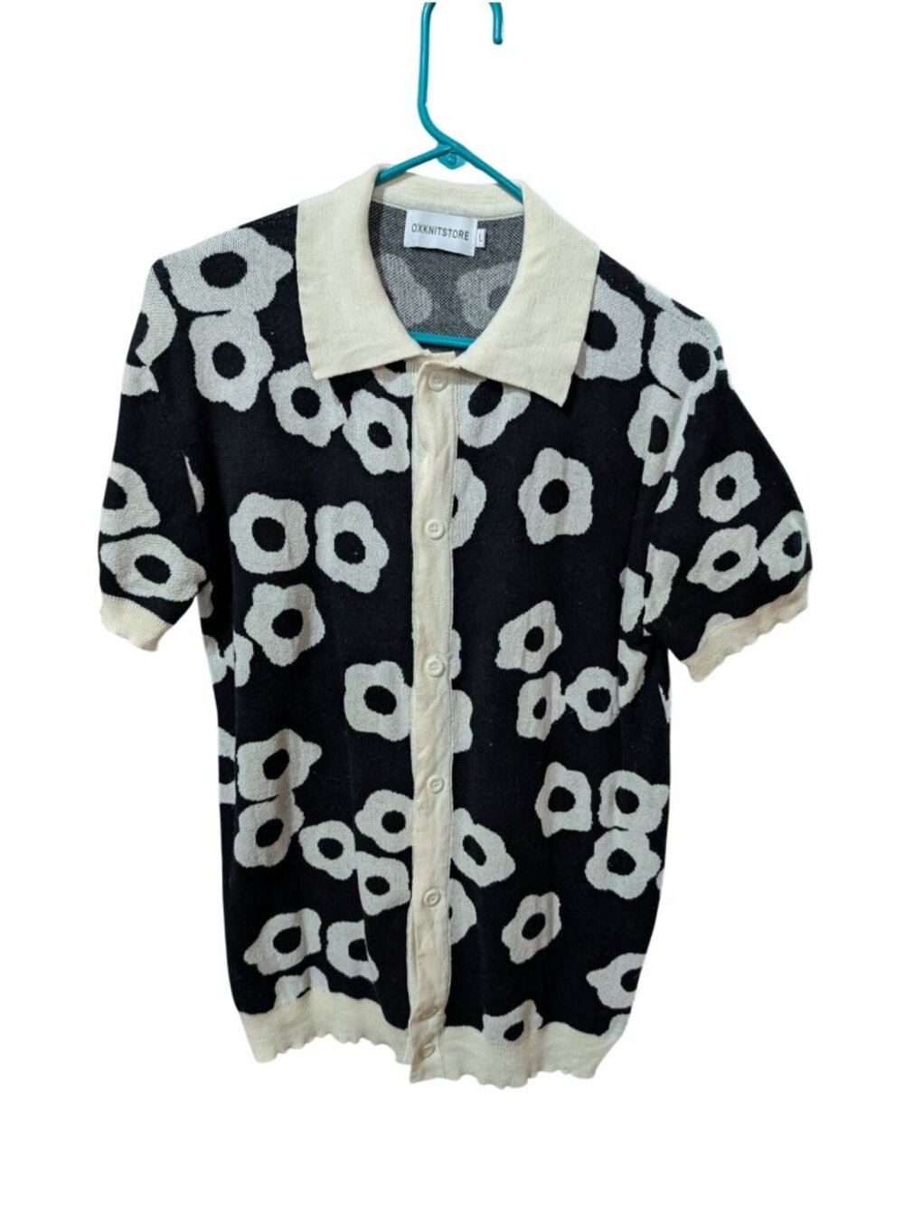 Men's Short Sleeve Cardigan By Oxknit Black & White L Floral Knit Button-Up